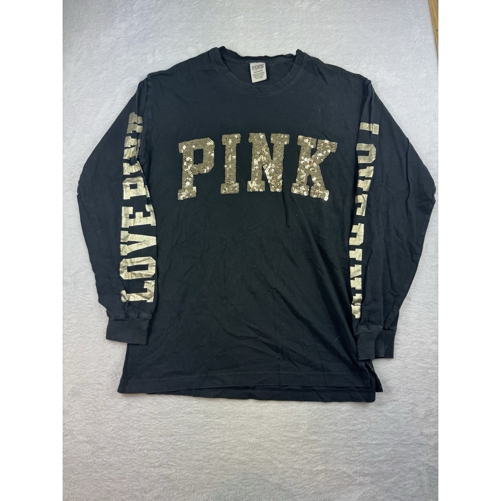 Victorias Secret PINK‎ BLING GOLD LONG SLEEVE Campus Tee shirt Small